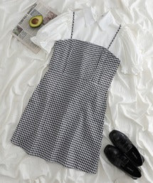 パフスリーブシャツ付ギンガムチェックキャミワンピ 9000804